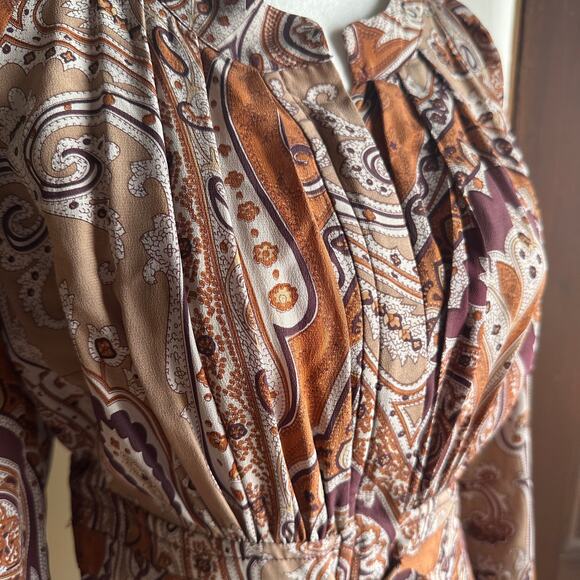 PLENTY by Tracy Reese | Boho Silk Brown Paisley Midi Dress | Size Extra Small - Picture 4 of 10